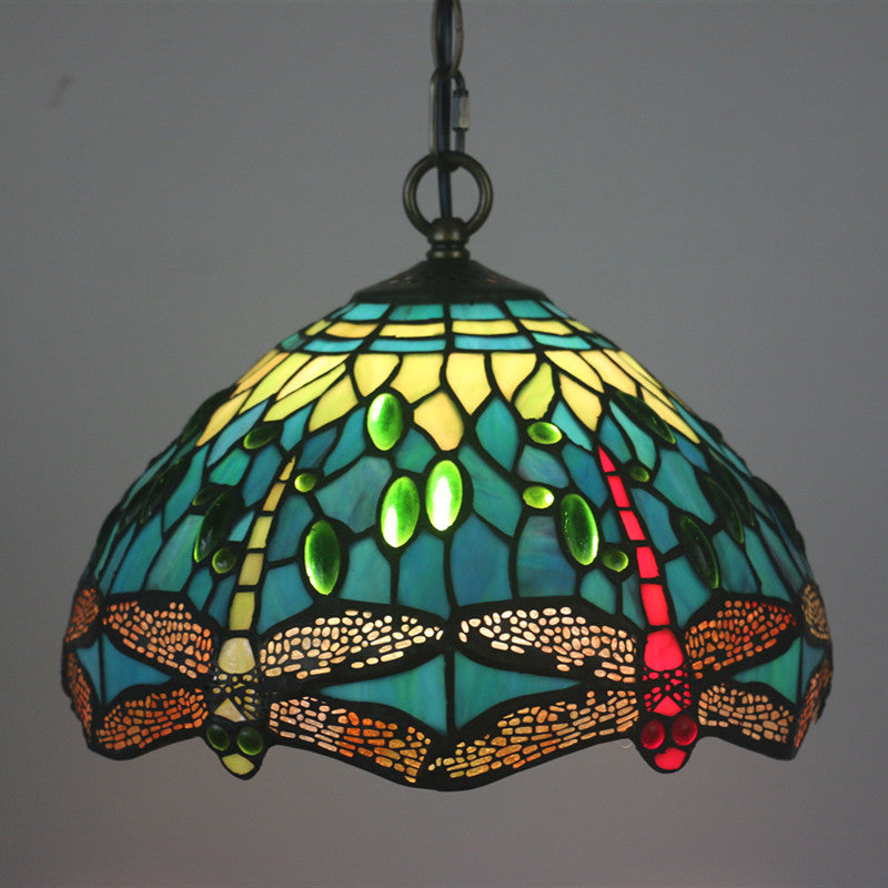 Traditional Tiffany Stained Glass Dragonfly Round 1-Light Pendant Light For Dining Room