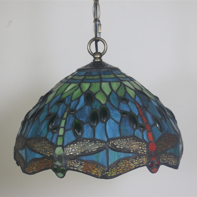 Traditional Tiffany Stained Glass Dragonfly Round 1-Light Pendant Light For Dining Room