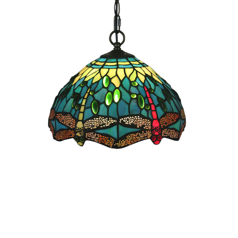 Traditional Tiffany Stained Glass Dragonfly Round 1-Light Pendant Light For Dining Room