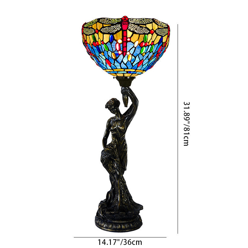 Traditional Tiffany Dragonfly Stained Glass Goddess Resin Base 1-Light Table Lamp For Home Office