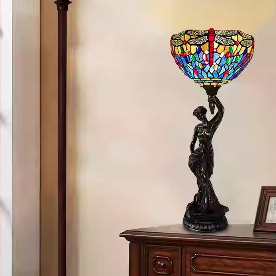 Traditional Tiffany Dragonfly Stained Glass Goddess Resin Base 1-Light Table Lamp For Home Office