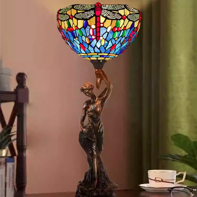 Traditional Tiffany Dragonfly Stained Glass Goddess Resin Base 1-Light Table Lamp For Home Office