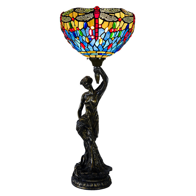 Traditional Tiffany Dragonfly Stained Glass Goddess Resin Base 1-Light Table Lamp For Home Office