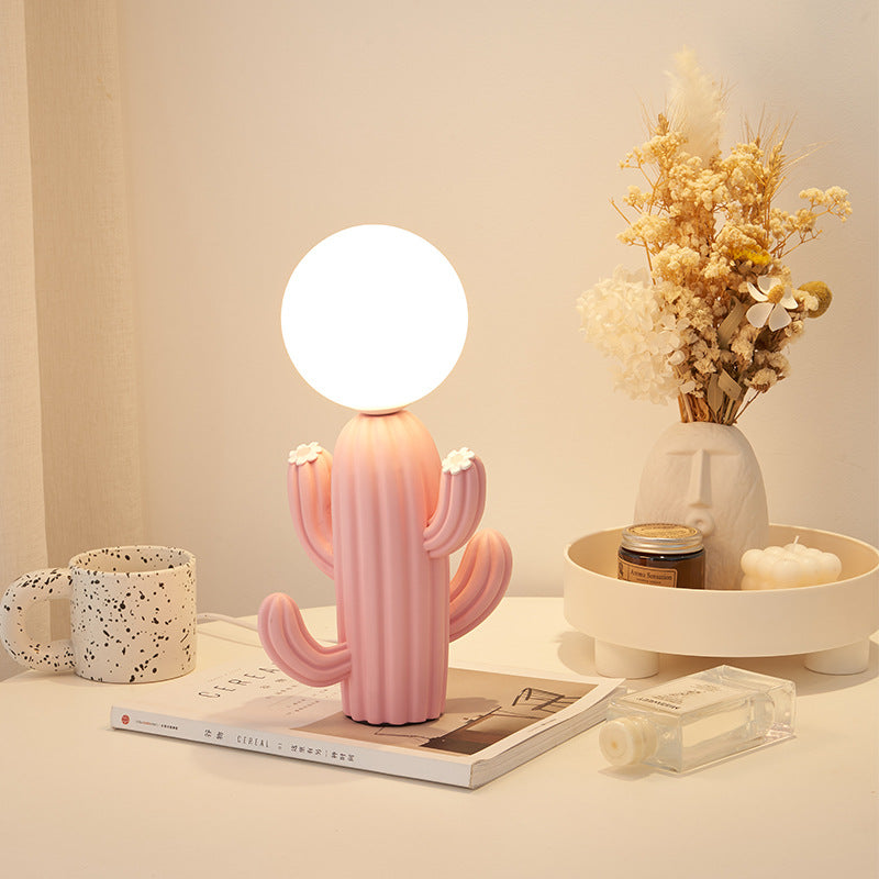 Contemporary Creative Furry Cactus Resin 1-Light Table Lamp For Bedroom