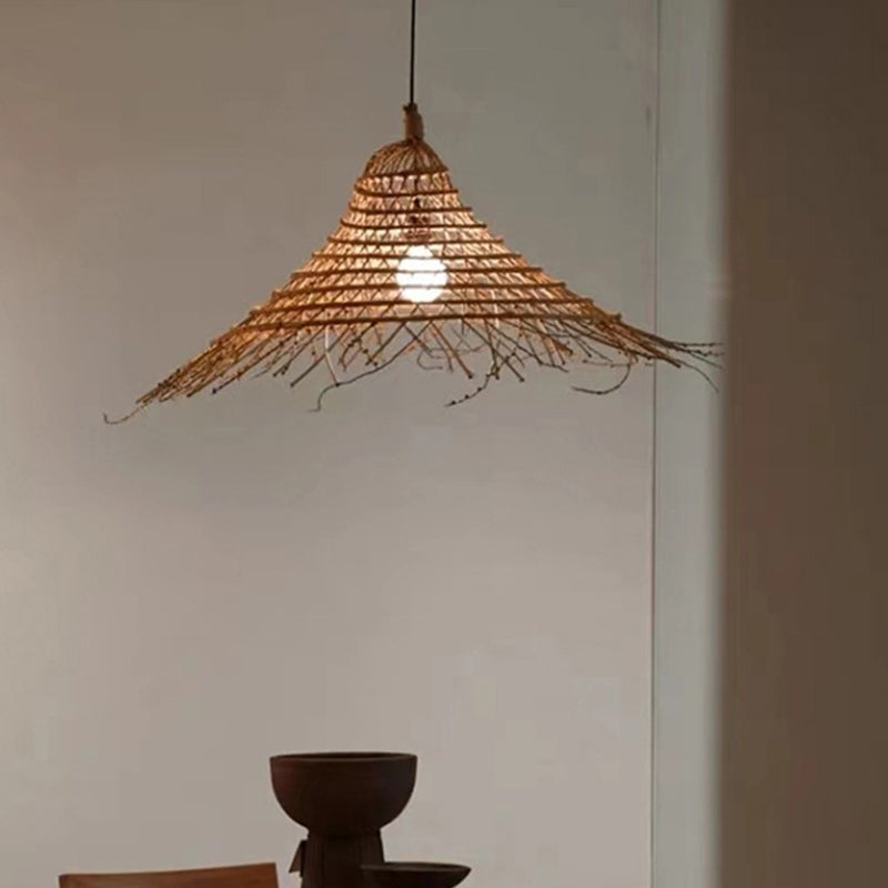 Traditional Farmhouse Rattan Weaving Straw Hat 1-Light Pendant Light For Dining Room