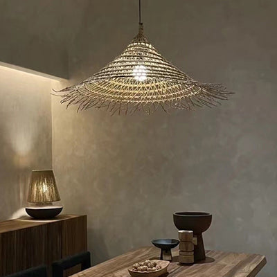 Traditional Farmhouse Rattan Weaving Straw Hat 1-Light Pendant Light For Dining Room