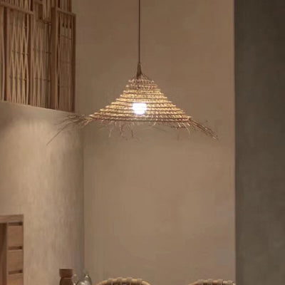 Traditional Farmhouse Rattan Weaving Straw Hat 1-Light Pendant Light For Dining Room