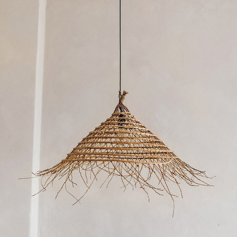 Traditional Farmhouse Rattan Weaving Straw Hat 1-Light Pendant Light For Dining Room