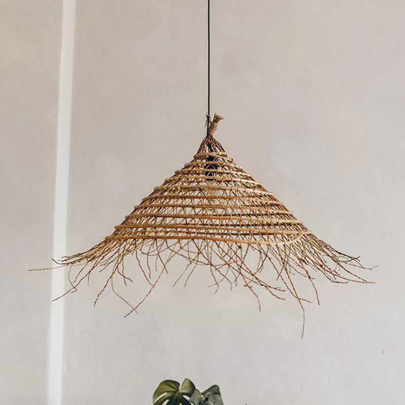 Traditional Farmhouse Rattan Weaving Straw Hat 1-Light Pendant Light For Dining Room