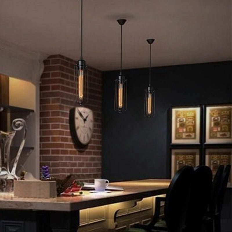 Contemporary Retro Cylindrical Iron Glass 1-Light Pendant Light For Dining Room