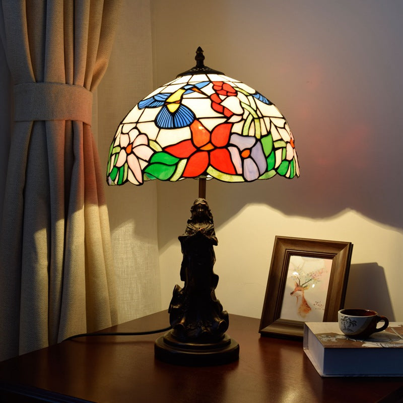 Traditional Tiffany Pastoral Bird Stained Glass Angel Resin Base 1-Light Table Lamp For Home Office