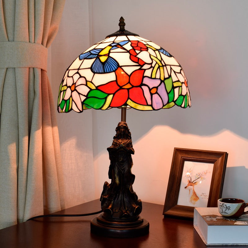 Traditional Tiffany Pastoral Bird Stained Glass Angel Resin Base 1-Light Table Lamp For Home Office