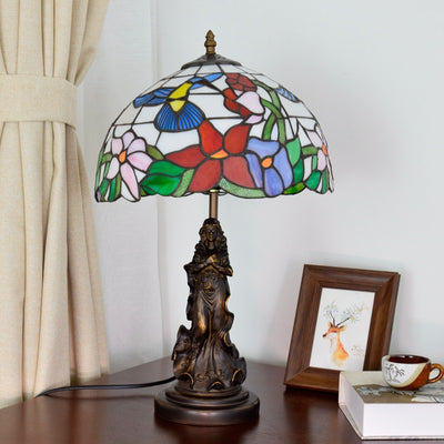 Traditional Tiffany Pastoral Bird Stained Glass Angel Resin Base 1-Light Table Lamp For Home Office