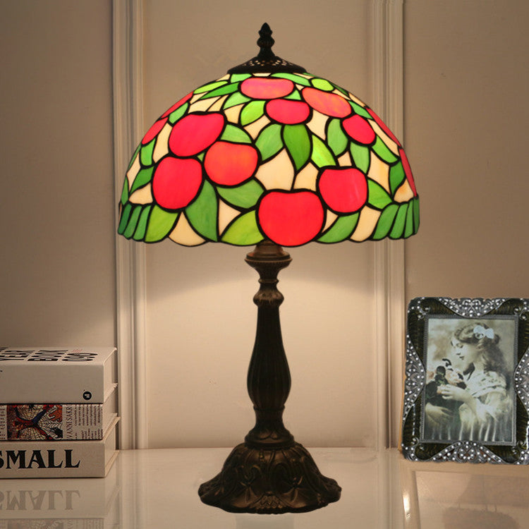 Traditional Tiffany Pastoral Apple Pattern Stained Glass Resin 1-Light Table Lamp For Home Office