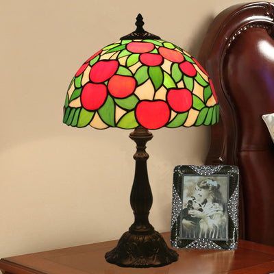 Traditional Tiffany Pastoral Apple Pattern Stained Glass Resin 1-Light Table Lamp For Home Office