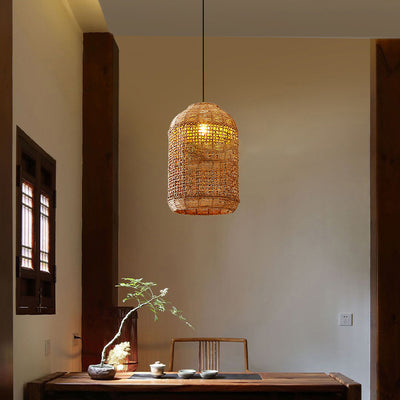 Traditional Japanese Rattan Weaving Cage 1-Light Pendant Light For Dining Room