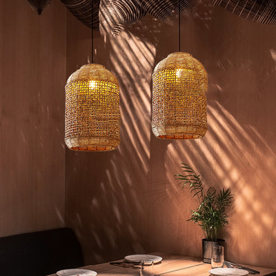 Traditional Japanese Rattan Weaving Cage 1-Light Pendant Light For Dining Room