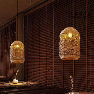 Traditional Japanese Rattan Weaving Cage 1-Light Pendant Light For Dining Room