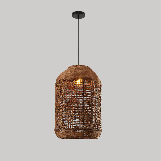 Traditional Japanese Rattan Weaving Cage 1-Light Pendant Light For Dining Room