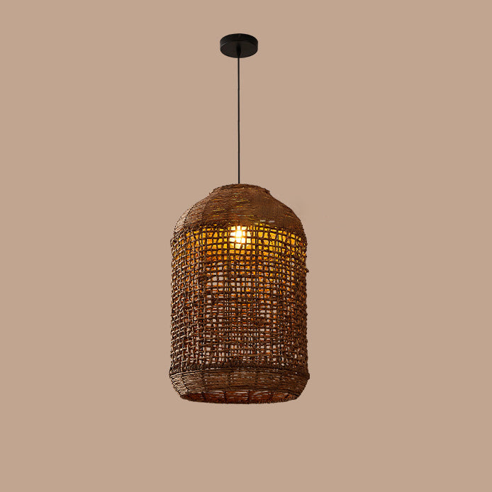 Traditional Japanese Rattan Weaving Cage 1-Light Pendant Light For Dining Room