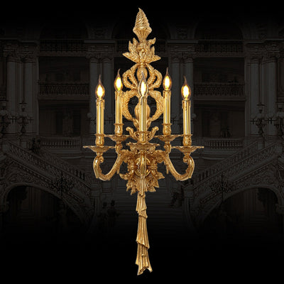 Traditional European Antique Brass Candlestick 5-Light Wall Sconce Lamp For Living Room