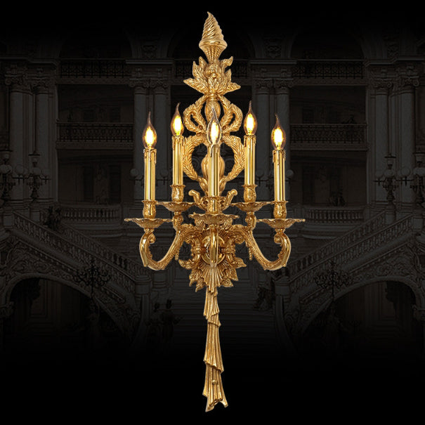 Traditional European Antique Brass Candlestick 5-Light Wall Sconce Lamp For Living Room