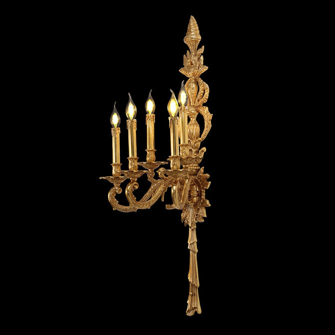 Traditional European Antique Brass Candlestick 5-Light Wall Sconce Lamp For Living Room