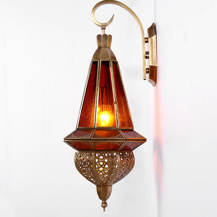 Modern Art Deco Carved Brass Red Glass Shade 1-Light Wall Sconce Lamp For Entertainment Rooms