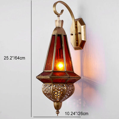 Modern Art Deco Carved Brass Red Glass Shade 1-Light Wall Sconce Lamp For Entertainment Rooms