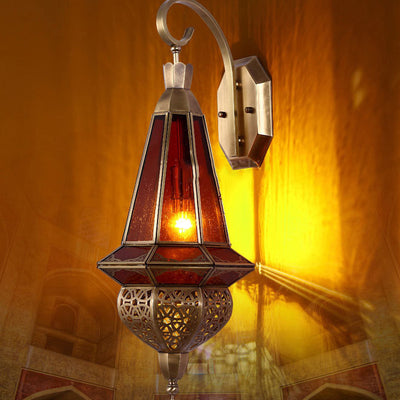 Modern Art Deco Carved Brass Red Glass Shade 1-Light Wall Sconce Lamp For Entertainment Rooms