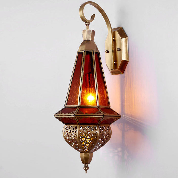 Modern Art Deco Carved Brass Red Glass Shade 1-Light Wall Sconce Lamp For Entertainment Rooms