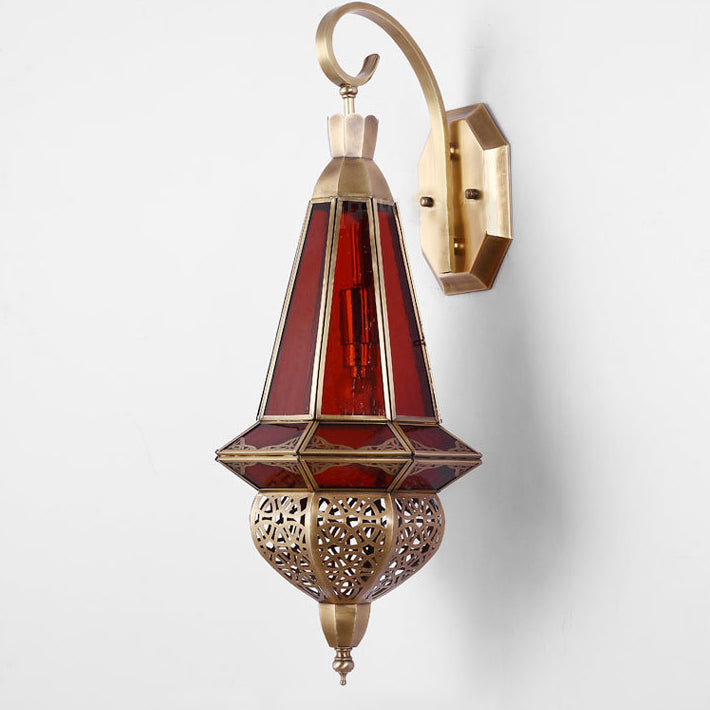 Modern Art Deco Carved Brass Red Glass Shade 1-Light Wall Sconce Lamp For Entertainment Rooms