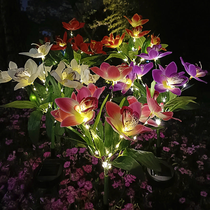 Contemporary Creative Artificial Orchid Flower LED Solar Waterproof Lawn Insert Light For Outdoor Patio