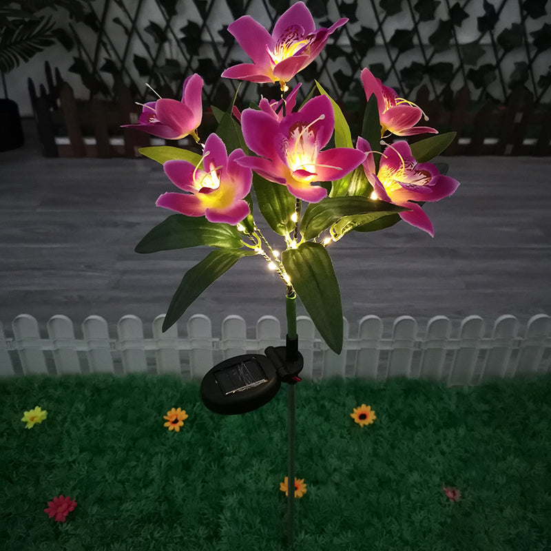 Contemporary Creative Artificial Orchid Flower LED Solar Waterproof Lawn Insert Light For Outdoor Patio