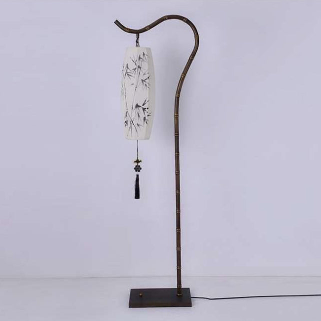 Traditional Chinese Zen Bamboo Painting Fabric Arc Iron Base 1-Light Standing Floor Lamp For Home Office