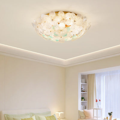 Modern Art Deco Petal Glass Iron Round 6-Light Semi-Flush Mount Ceiling Light For Living Room