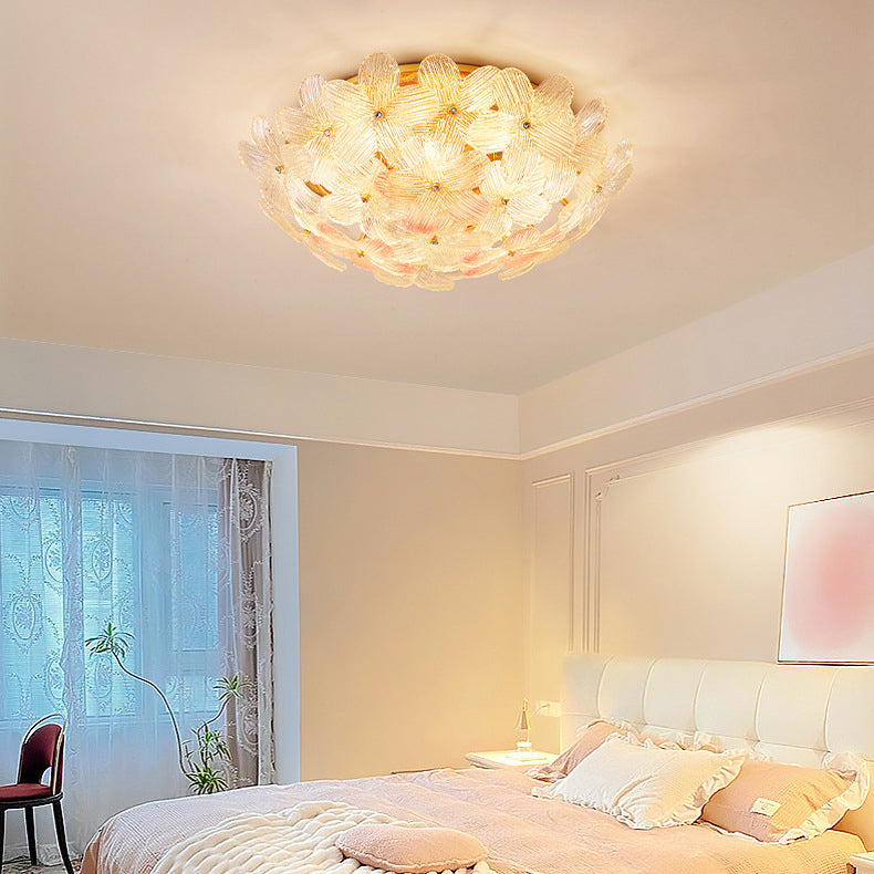 Modern Art Deco Petal Glass Iron Round 6-Light Semi-Flush Mount Ceiling Light For Living Room