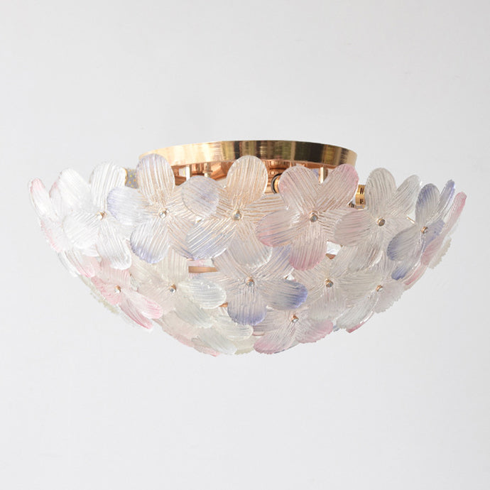 Modern Art Deco Petal Glass Iron Round 6-Light Semi-Flush Mount Ceiling Light For Living Room