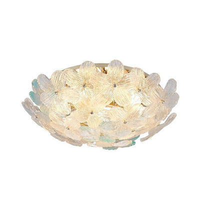 Modern Art Deco Petal Glass Iron Round 6-Light Semi-Flush Mount Ceiling Light For Living Room