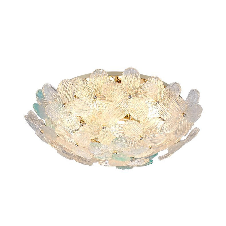 Modern Art Deco Petal Glass Iron Round 6-Light Semi-Flush Mount Ceiling Light For Living Room