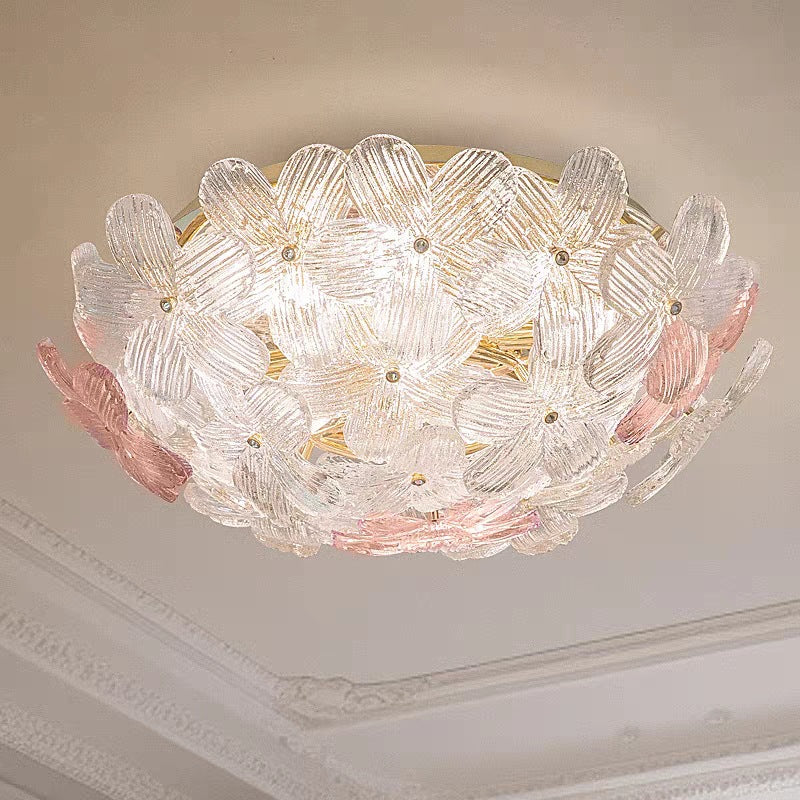 Modern Art Deco Petal Glass Iron Round 6-Light Semi-Flush Mount Ceiling Light For Living Room