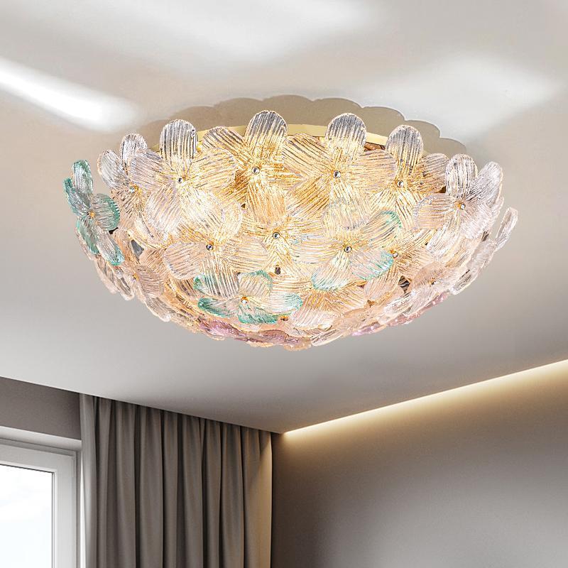 Modern Art Deco Petal Glass Iron Round 6-Light Semi-Flush Mount Ceiling Light For Living Room