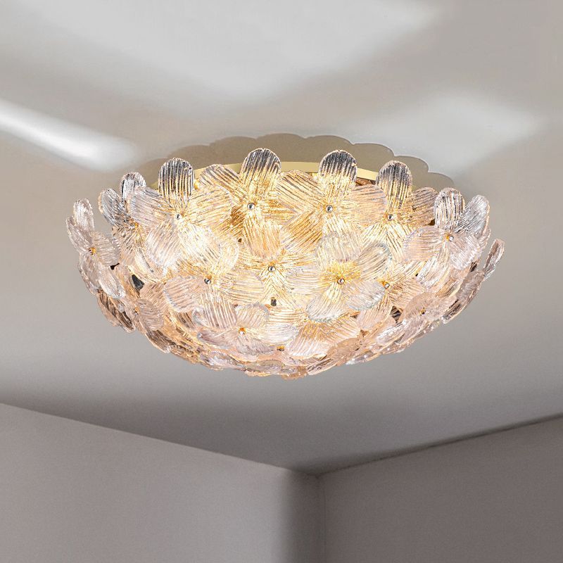 Modern Art Deco Petal Glass Iron Round 6-Light Semi-Flush Mount Ceiling Light For Living Room