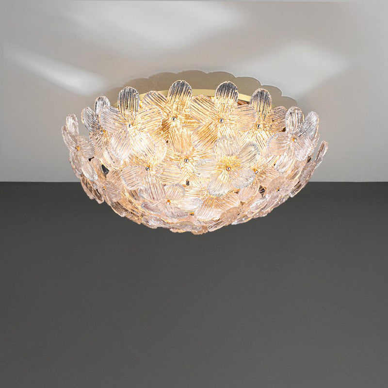 Modern Art Deco Petal Glass Iron Round 6-Light Semi-Flush Mount Ceiling Light For Living Room