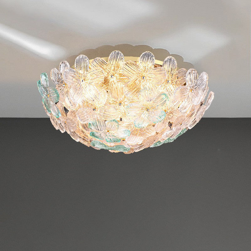 Modern Art Deco Petal Glass Iron Round 6-Light Semi-Flush Mount Ceiling Light For Living Room