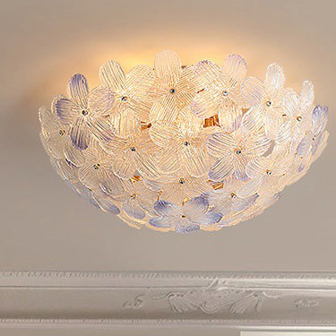 Modern Art Deco Petal Glass Iron Round 6-Light Semi-Flush Mount Ceiling Light For Living Room