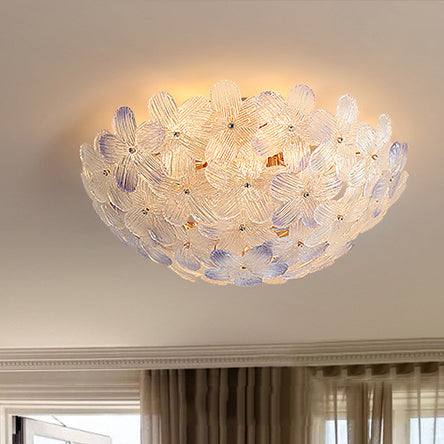 Modern Art Deco Petal Glass Iron Round 6-Light Semi-Flush Mount Ceiling Light For Living Room