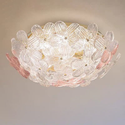 Modern Art Deco Petal Glass Iron Round 6-Light Semi-Flush Mount Ceiling Light For Living Room