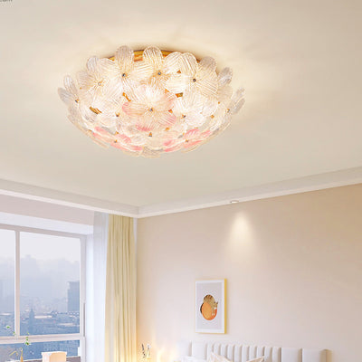 Modern Art Deco Petal Glass Iron Round 6-Light Semi-Flush Mount Ceiling Light For Living Room