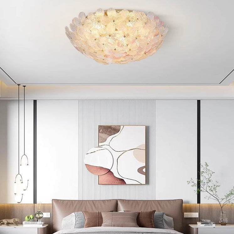 Modern Art Deco Petal Glass Iron Round 6-Light Semi-Flush Mount Ceiling Light For Living Room